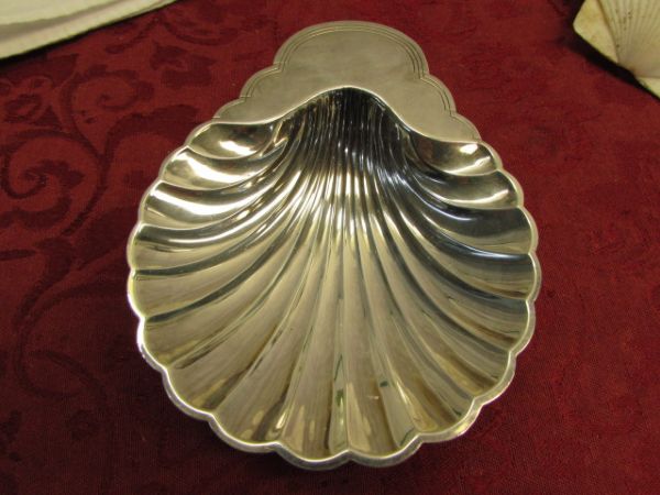 UNDER THE SEA - SILVER PLATE SHELL DISH, APRON & HOT PAD SET, BEAUTIFUL MUG, SHELLS, STONES & TASSLE