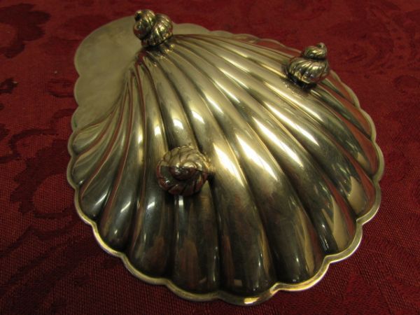 UNDER THE SEA - SILVER PLATE SHELL DISH, APRON & HOT PAD SET, BEAUTIFUL MUG, SHELLS, STONES & TASSLE