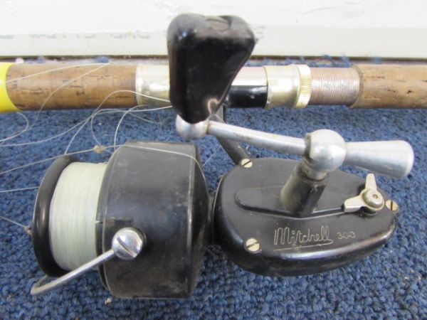 VINTAGE MITCHELL 300 FISHING REEL, POLE, BASKET FISH TRAP, HOOKS, WEIGHTS, CANVAS CREEL & MORE 