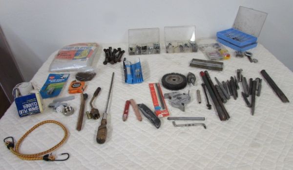 LARGE COLLECTION OF TOOLS AND HARDWARE,  TORCH HEAD, DROP CLOTH, SCREW DRIVERS & MORE