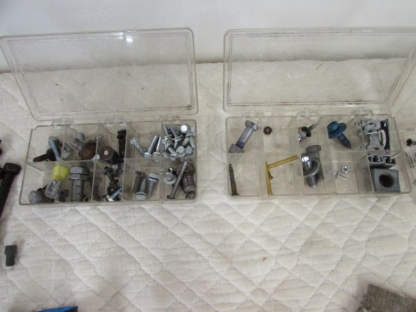 LARGE COLLECTION OF TOOLS AND HARDWARE,  TORCH HEAD, DROP CLOTH, SCREW DRIVERS & MORE