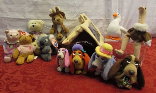 RARE BASSET HOUND HUSH PUPPIES IN CARRIER, BEANIE BABIES, 58TH EDITION STARBUCKS BEAR & . . . . 