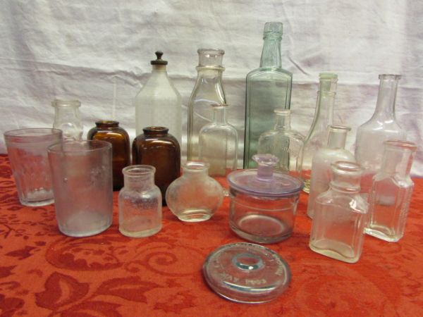 ANTIQUE/VINTAGE BOTTLES & JARS - GREEN, BROWN & PURPLE SUN GLASS, VASELINE JAR, TEXTURED GLASS, EAGLE FLASK. . . .