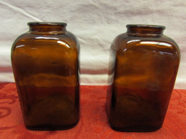 ANTIQUE/VINTAGE BOTTLES & JARS - GREEN, BROWN & PURPLE SUN GLASS, VASELINE JAR, TEXTURED GLASS, EAGLE FLASK. . . .