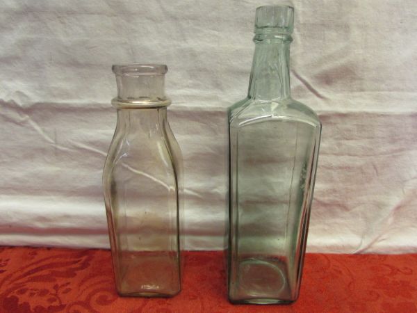 ANTIQUE/VINTAGE BOTTLES & JARS - GREEN, BROWN & PURPLE SUN GLASS, VASELINE JAR, TEXTURED GLASS, EAGLE FLASK. . . .