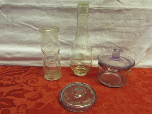ANTIQUE/VINTAGE BOTTLES & JARS - GREEN, BROWN & PURPLE SUN GLASS, VASELINE JAR, TEXTURED GLASS, EAGLE FLASK. . . .