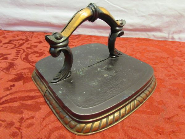 UNIQUE VINTAGE COPPER SCROLLED HANDLE BOOK ENDS 