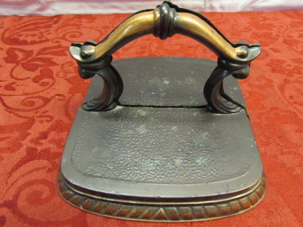 UNIQUE VINTAGE COPPER SCROLLED HANDLE BOOK ENDS 