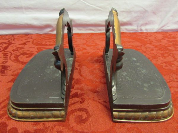 UNIQUE VINTAGE COPPER SCROLLED HANDLE BOOK ENDS 