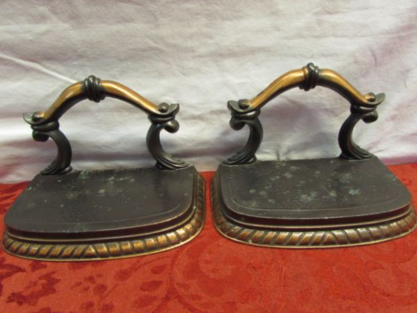 UNIQUE VINTAGE COPPER SCROLLED HANDLE BOOK ENDS 