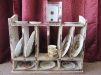 VINTAGE  CURIO SHELF WITH TEA SAUCERS & MORE