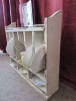 VINTAGE  CURIO SHELF WITH TEA SAUCERS & MORE