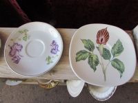 VINTAGE  CURIO SHELF WITH TEA SAUCERS & MORE