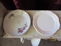 VINTAGE  CURIO SHELF WITH TEA SAUCERS & MORE