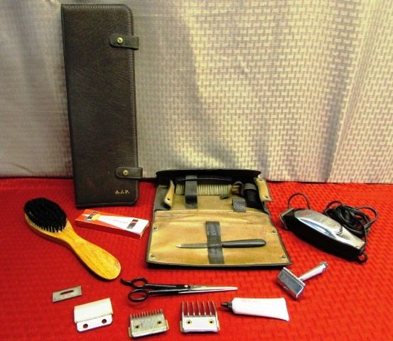 VINTAGE MEN'S GROOMING - WAHL SCISSORS, HOME CLIP CLIPPERS, WAHL COMBS & BLADES, LEATHER GROOMING KIT WITH EBONY ACCESSORIES & . . . 