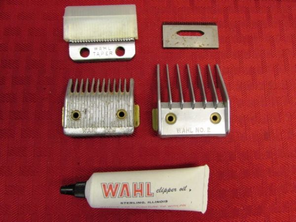 VINTAGE MEN'S GROOMING - WAHL SCISSORS, HOME CLIP CLIPPERS, WAHL COMBS & BLADES, LEATHER GROOMING KIT WITH EBONY ACCESSORIES & . . . 