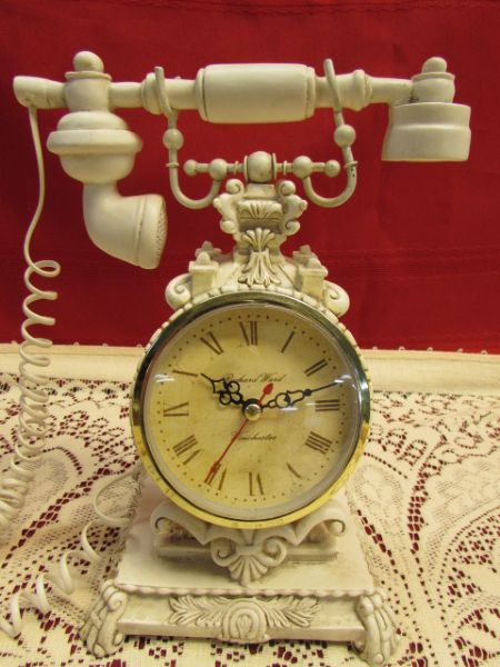 ELEGANT LACE TABLE CLOTH, RICHARD WARD ANTIQUE PHONE CLOCK & FROSTED GLASS SERVING DISHES