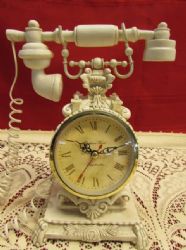 ELEGANT LACE TABLE CLOTH, RICHARD WARD ANTIQUE PHONE CLOCK & FROSTED GLASS SERVING DISHES