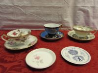THREE ELEGANT VINTAGE TEA CUPS WITH SAUCERS & TWO CHINA COASTERS