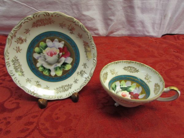 THREE ELEGANT VINTAGE TEA CUPS WITH SAUCERS & TWO CHINA COASTERS