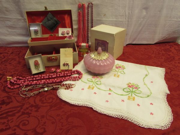 FOR YOU MOM - JEWELERY BOX, VINTAGE JEWELRY & BUREAU SCARF, ROSE BROOCHES, NEW AVON BEAUTY DUST & MORE