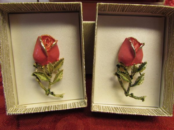 FOR YOU MOM - JEWELERY BOX, VINTAGE JEWELRY & BUREAU SCARF, ROSE BROOCHES, NEW AVON BEAUTY DUST & MORE