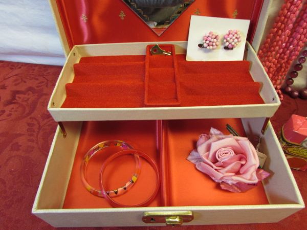 FOR YOU MOM - JEWELERY BOX, VINTAGE JEWELRY & BUREAU SCARF, ROSE BROOCHES, NEW AVON BEAUTY DUST & MORE