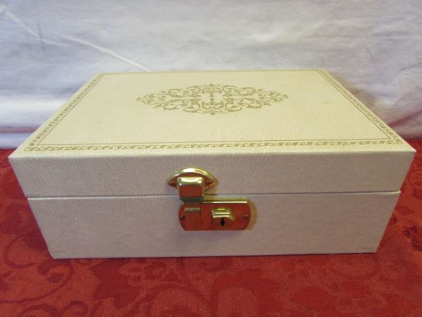 FOR YOU MOM - JEWELERY BOX, VINTAGE JEWELRY & BUREAU SCARF, ROSE BROOCHES, NEW AVON BEAUTY DUST & MORE