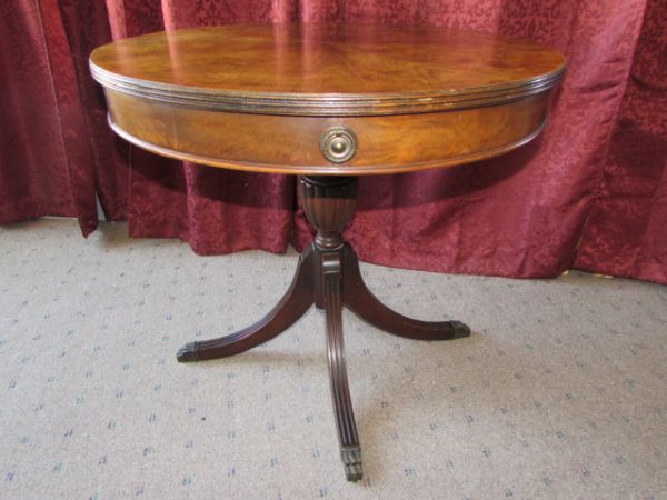 VINTAGE MAHOGANY ROUND DRUM PEDESTAL TABLE WITH TWO DRAWERS 