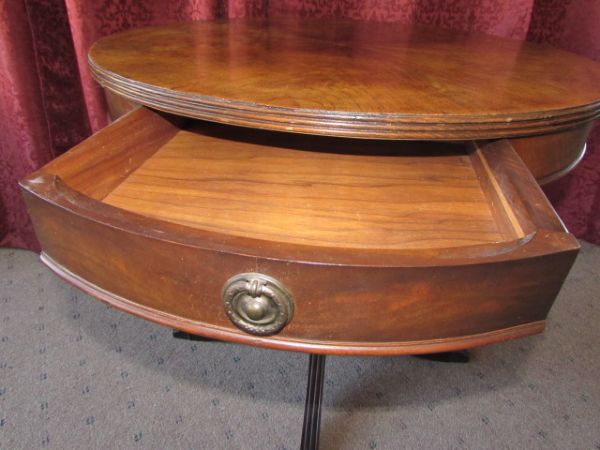 VINTAGE MAHOGANY ROUND DRUM PEDESTAL TABLE WITH TWO DRAWERS 