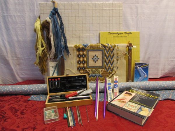 CRAFTERS HEAVEN - EXACTO KNIFE SET, VINTAGE SCISSORS KNITTING NEEDLES, CROCHET HOOKS, SCROLL FRAME & MORE