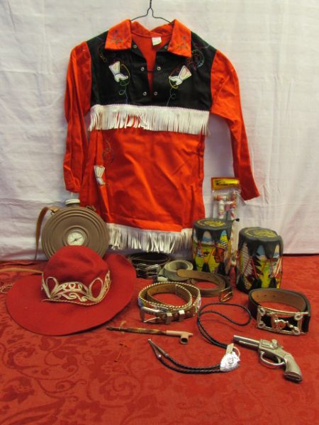 COWBOY'S & INDIANS - KID'S  WESTERN SHIRT WITH FRINGE, 5 LEATHER BELTS, HAT, CANTEEN, DRUMS & . . . 