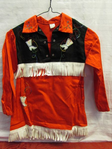 COWBOY'S & INDIANS - KID'S  WESTERN SHIRT WITH FRINGE, 5 LEATHER BELTS, HAT, CANTEEN, DRUMS & . . . 