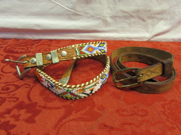 COWBOY'S & INDIANS - KID'S  WESTERN SHIRT WITH FRINGE, 5 LEATHER BELTS, HAT, CANTEEN, DRUMS & . . . 