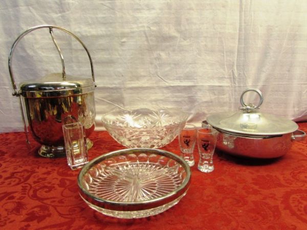 SILVERPLATE ICE BUCKET, LIDDED SERVING DISH W/PYREX BOWL, RELISH TRAY W/SILVERPLATE RIM & MORE