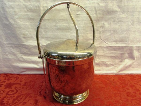 SILVERPLATE ICE BUCKET, LIDDED SERVING DISH W/PYREX BOWL, RELISH TRAY W/SILVERPLATE RIM & MORE