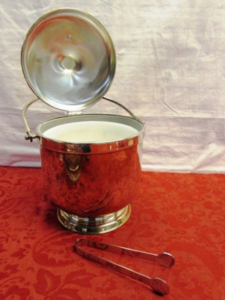 SILVERPLATE ICE BUCKET, LIDDED SERVING DISH W/PYREX BOWL, RELISH TRAY W/SILVERPLATE RIM & MORE