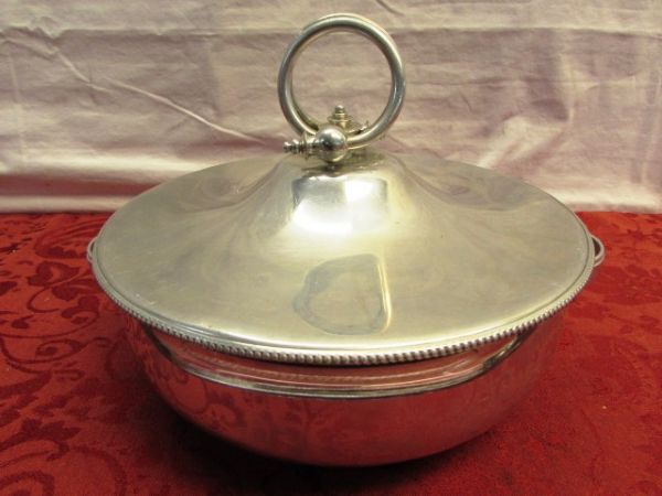 SILVERPLATE ICE BUCKET, LIDDED SERVING DISH W/PYREX BOWL, RELISH TRAY W/SILVERPLATE RIM & MORE