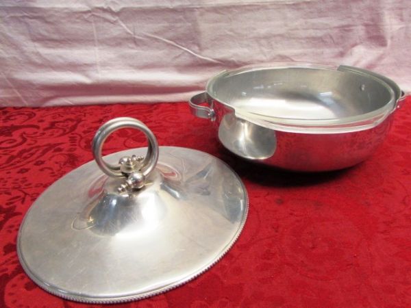 SILVERPLATE ICE BUCKET, LIDDED SERVING DISH W/PYREX BOWL, RELISH TRAY W/SILVERPLATE RIM & MORE