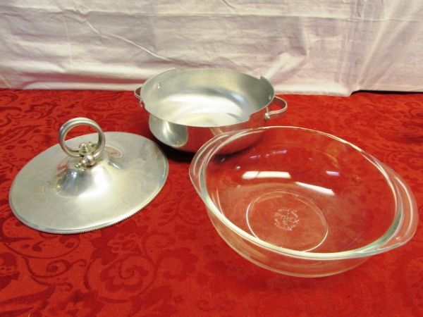 SILVERPLATE ICE BUCKET, LIDDED SERVING DISH W/PYREX BOWL, RELISH TRAY W/SILVERPLATE RIM & MORE