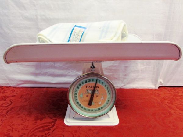 IT’S A BOY . . . OR GIRL!  VINTAGE HANSON NURSERY SCALE & NEVER USED BABY BLANKET