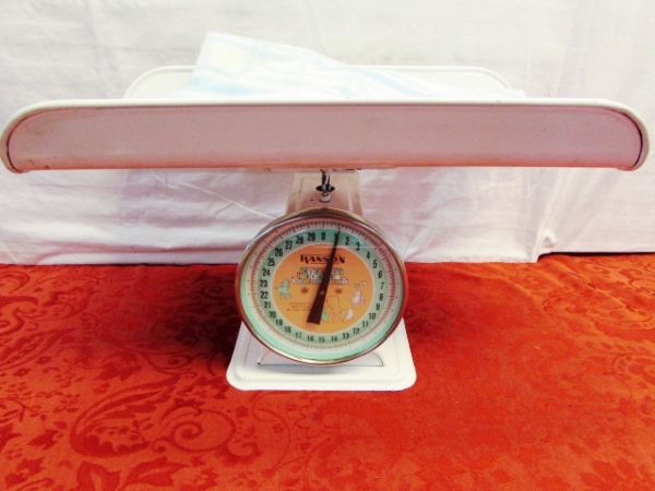 IT’S A BOY . . . OR GIRL!  VINTAGE HANSON NURSERY SCALE & NEVER USED BABY BLANKET