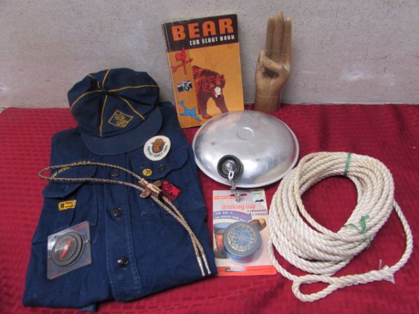 SCOUTS HONOR HAND, CUB SCOUT BOOK, SHIRT & HAT, CANTEEN, INDIAN BOLO & MORE