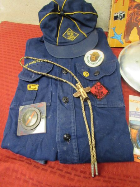 SCOUTS HONOR HAND, CUB SCOUT BOOK, SHIRT & HAT, CANTEEN, INDIAN BOLO & MORE