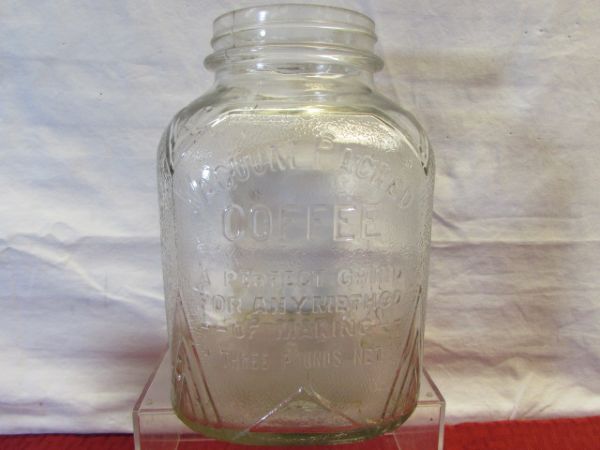 AWESOME VINTAGE 3LB VACUUM SEAL COFFEE JAR & GREEN GLASS REFRIGERATOR JAR, ANTIQUE FLAT IRON & . . 