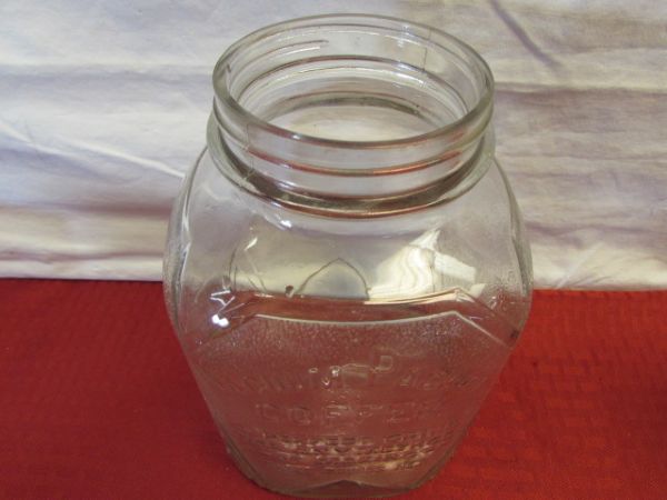 AWESOME VINTAGE 3LB VACUUM SEAL COFFEE JAR & GREEN GLASS REFRIGERATOR JAR, ANTIQUE FLAT IRON & . . 