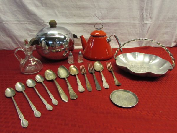 VINTAGE TREASURES - RADIANT RED ENAMEL TEA KETTLE, PENGUIN ICE BUCKET, S&P SHAKERS, SILVER PLATE FLATWARE & MORE!