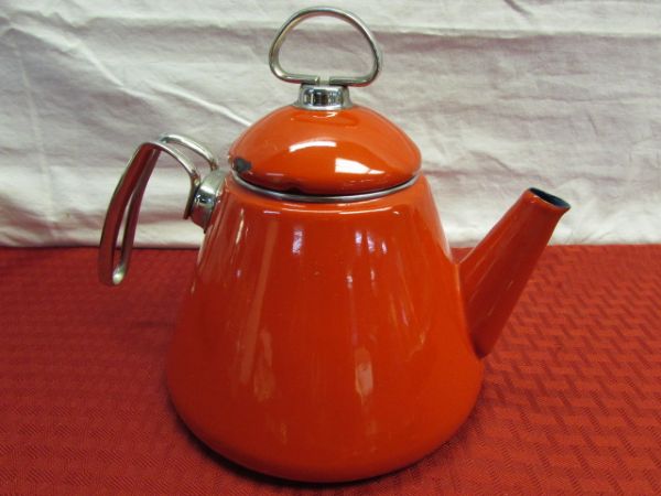 VINTAGE TREASURES - RADIANT RED ENAMEL TEA KETTLE, PENGUIN ICE BUCKET, S&P SHAKERS, SILVER PLATE FLATWARE & MORE!