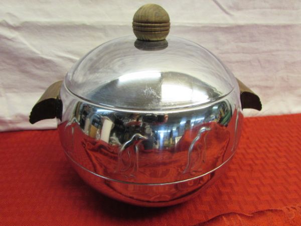 VINTAGE TREASURES - RADIANT RED ENAMEL TEA KETTLE, PENGUIN ICE BUCKET, S&P SHAKERS, SILVER PLATE FLATWARE & MORE!