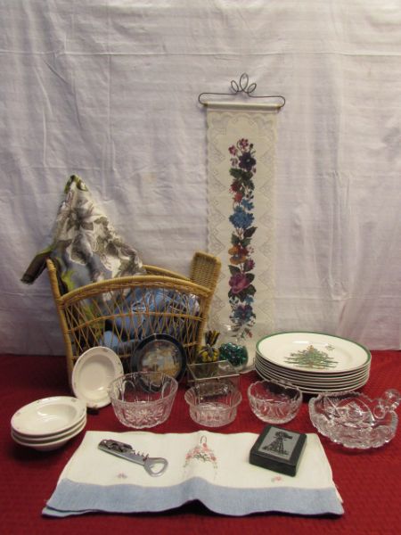 BRILLIANT WHIRLING STAR CUT GLASS BOWL, DEPRESSION GLASS, CRYSTAL, TABLE LINENS & MORE